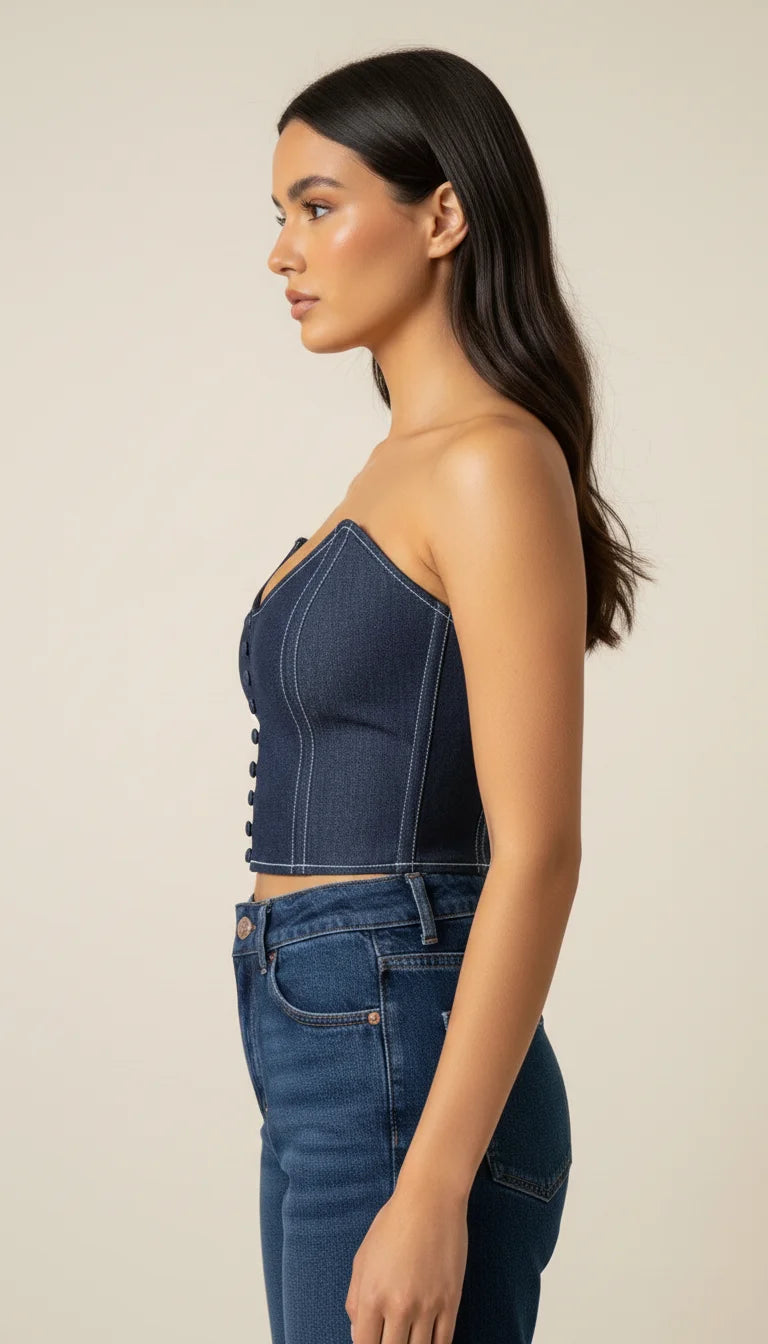 Bustier Crop Top Jean Boutonné - Vue profil