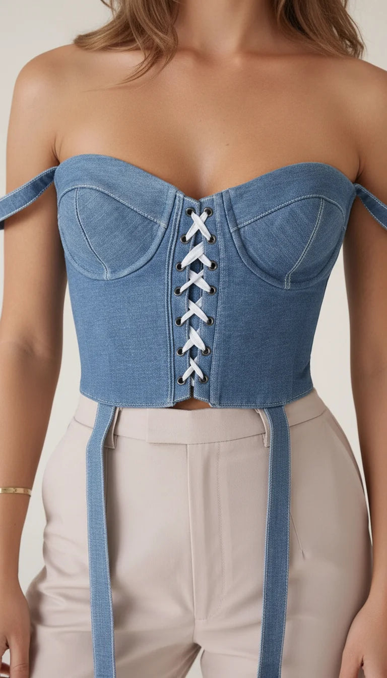 Bustier Denim Lacé Bleu Ciel - Vue face