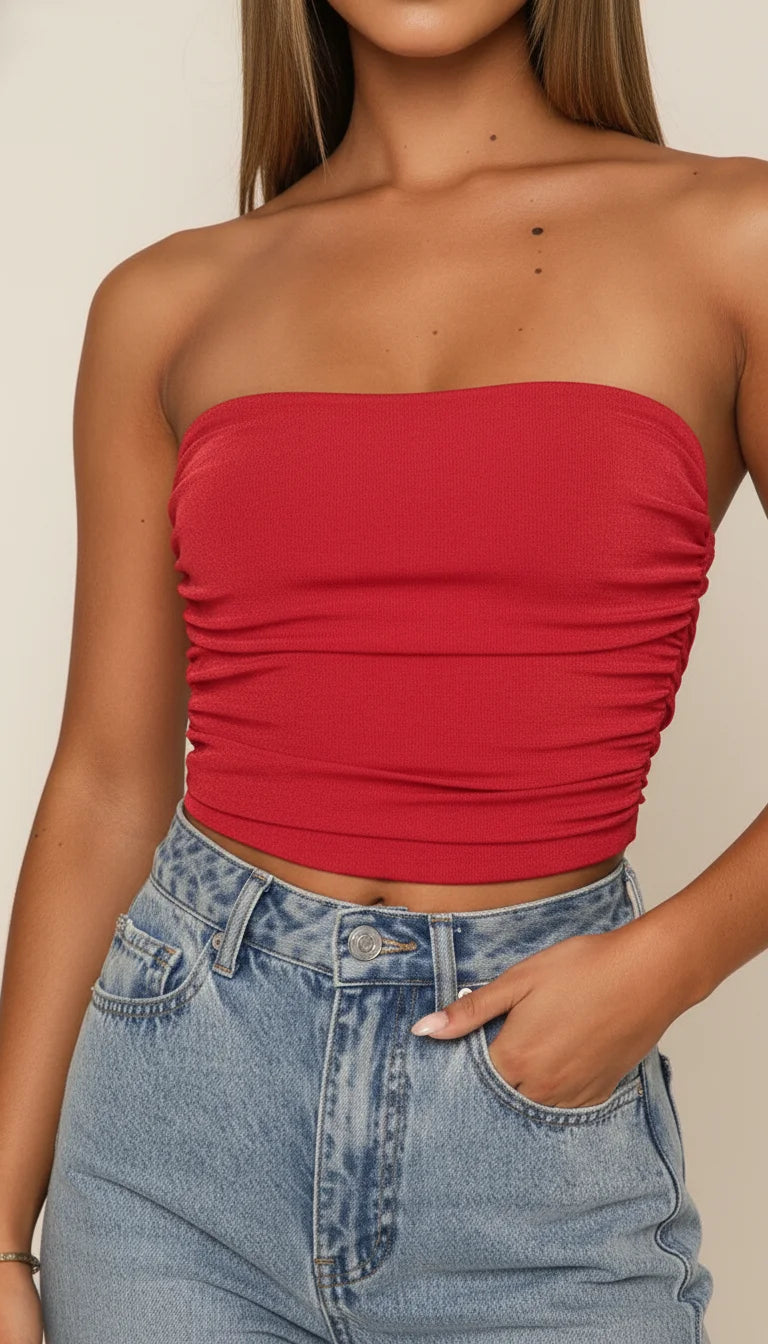 Bustier Froncé Rouge Texturé - Vue face