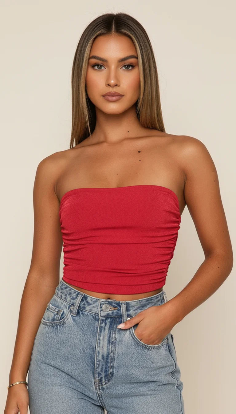 Bustier Froncé Rouge Texturé