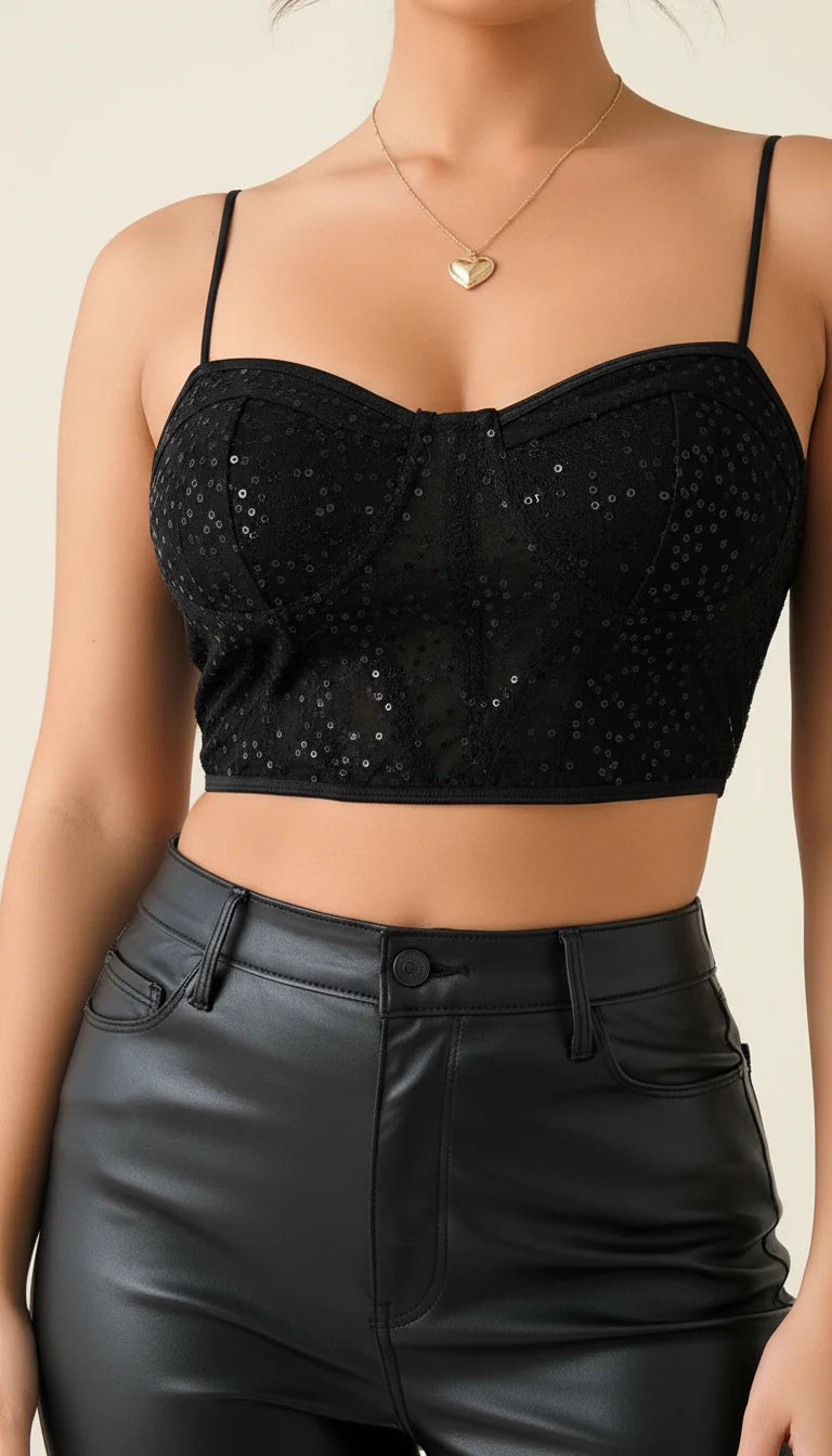 Bustier Pailleté Bretelles Fines Noir - Vue face