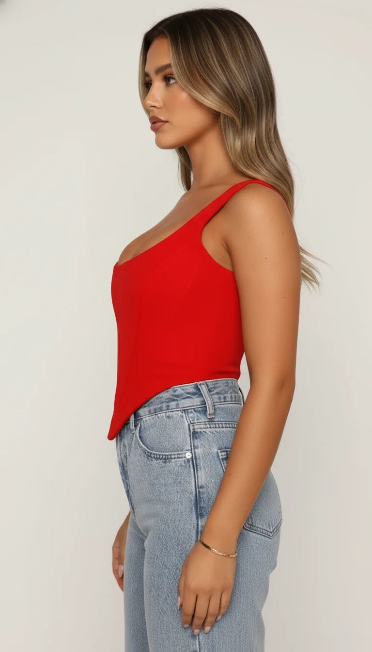 Bustier Rouge Asymétrique Satin - Vue profil