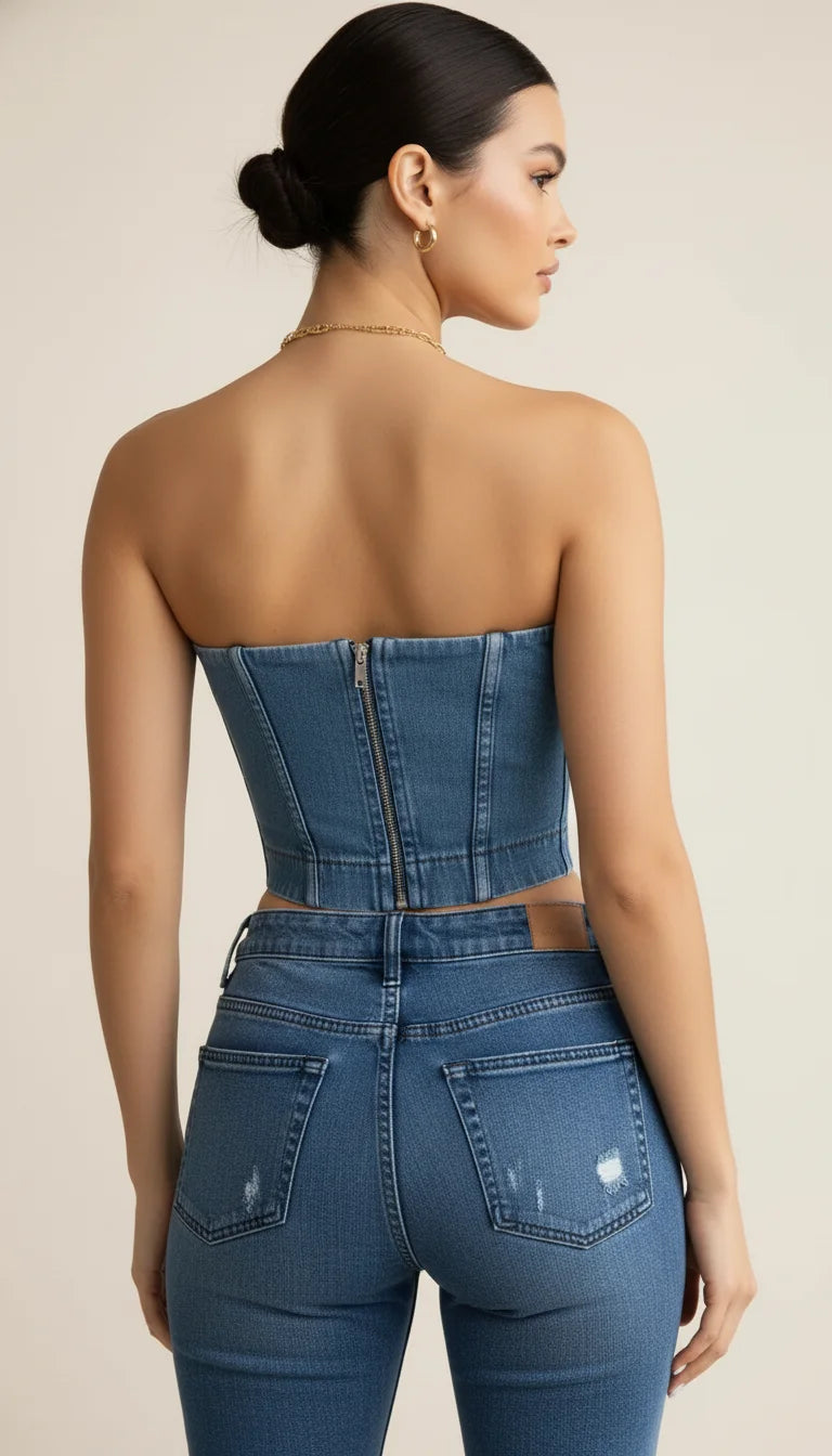 Bustier Top Denim Effiloché Bleu - Vue dos
