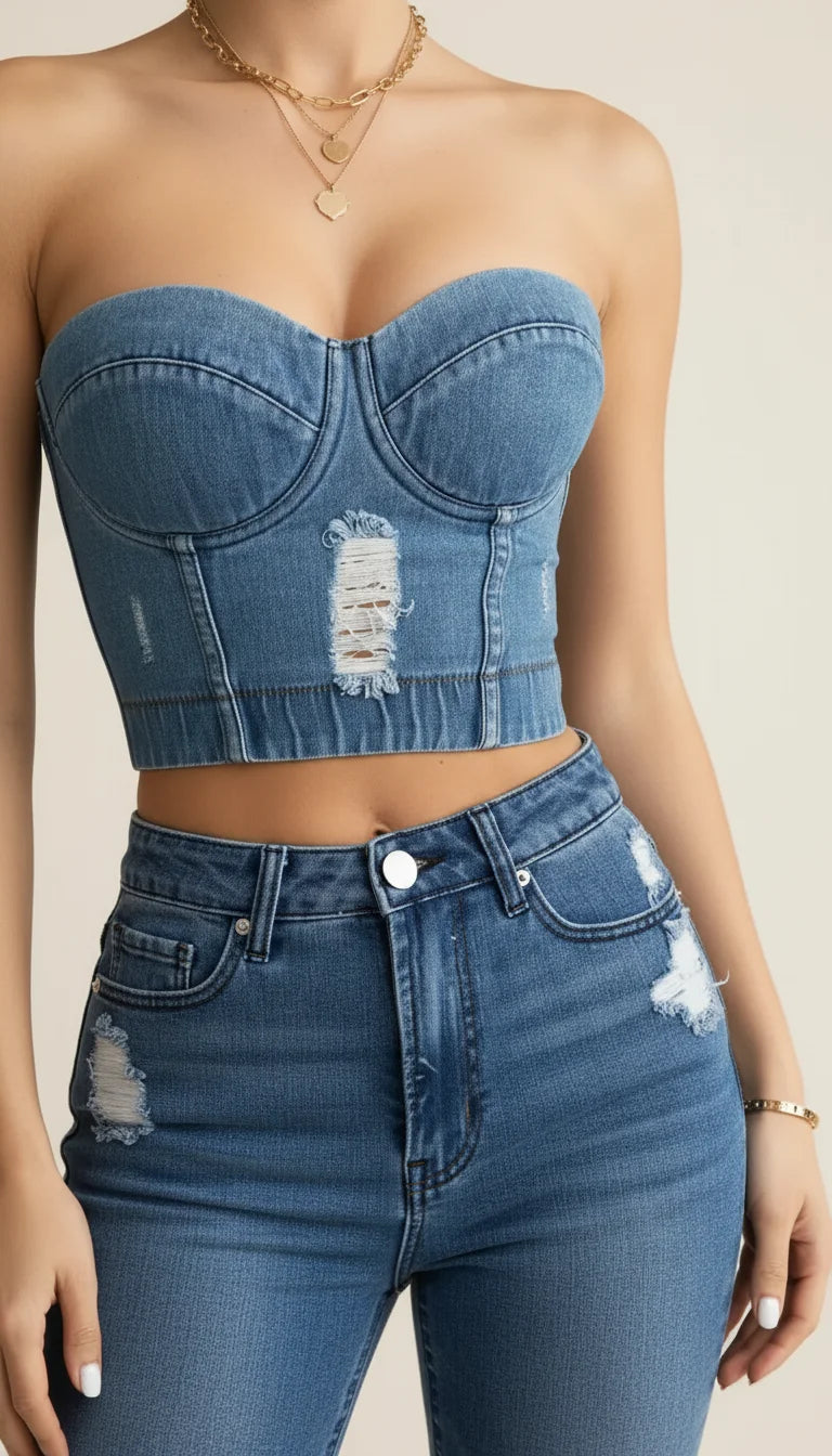 Bustier Top Denim Effiloché Bleu - Vue face