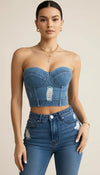 Bustier Top Denim Effiloché Bleu