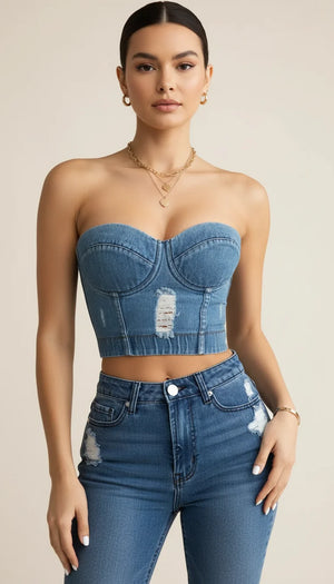 Bustier Top Denim Effiloché Bleu - Vue principale