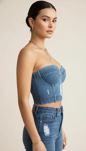 Bustier Top Denim Effiloché Bleu - Vue profil