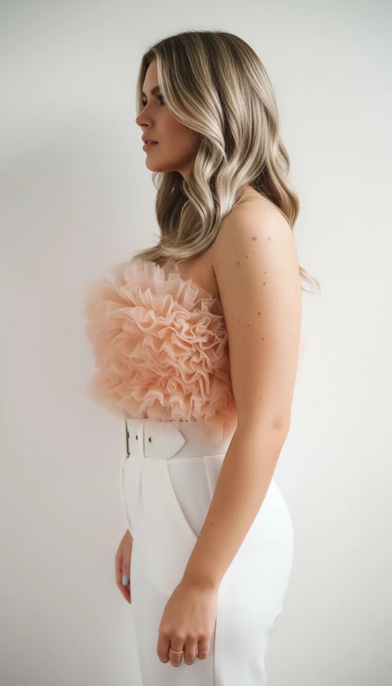 Bustier Tulle Volanté Rose Poudré - Vue profil