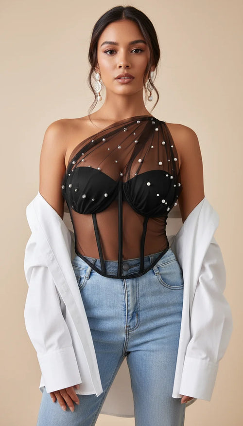 Bustier Voile Perles Asymétrique Noir - Vue principale