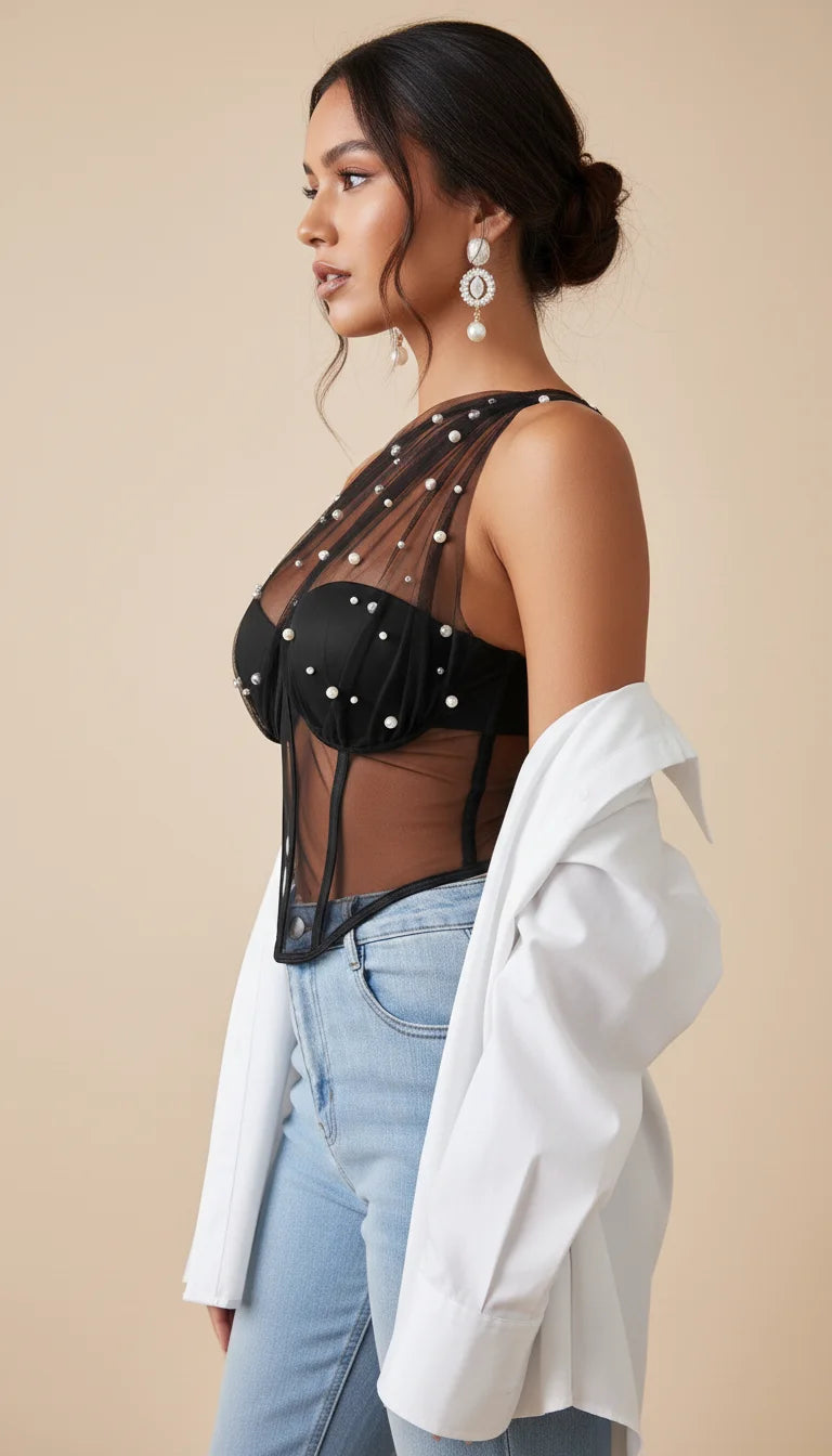 Bustier Voile Perles Asymétrique Noir - Vue profil