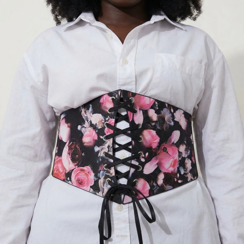 Ceinture Corset à Fleurs Roses - Vue face (curvy)