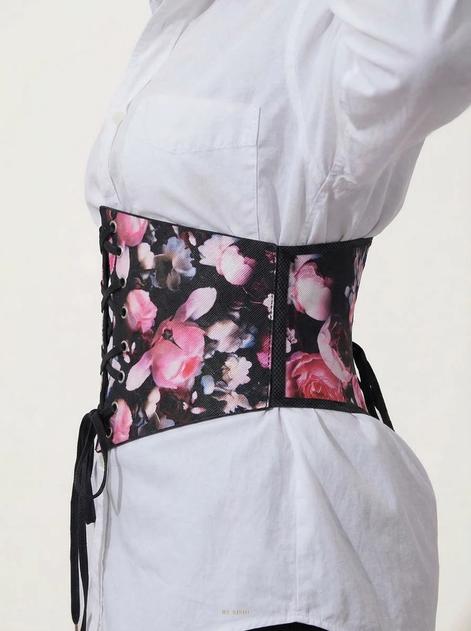 Ceinture Corset à Fleurs Roses - Vue profil (curvy)
