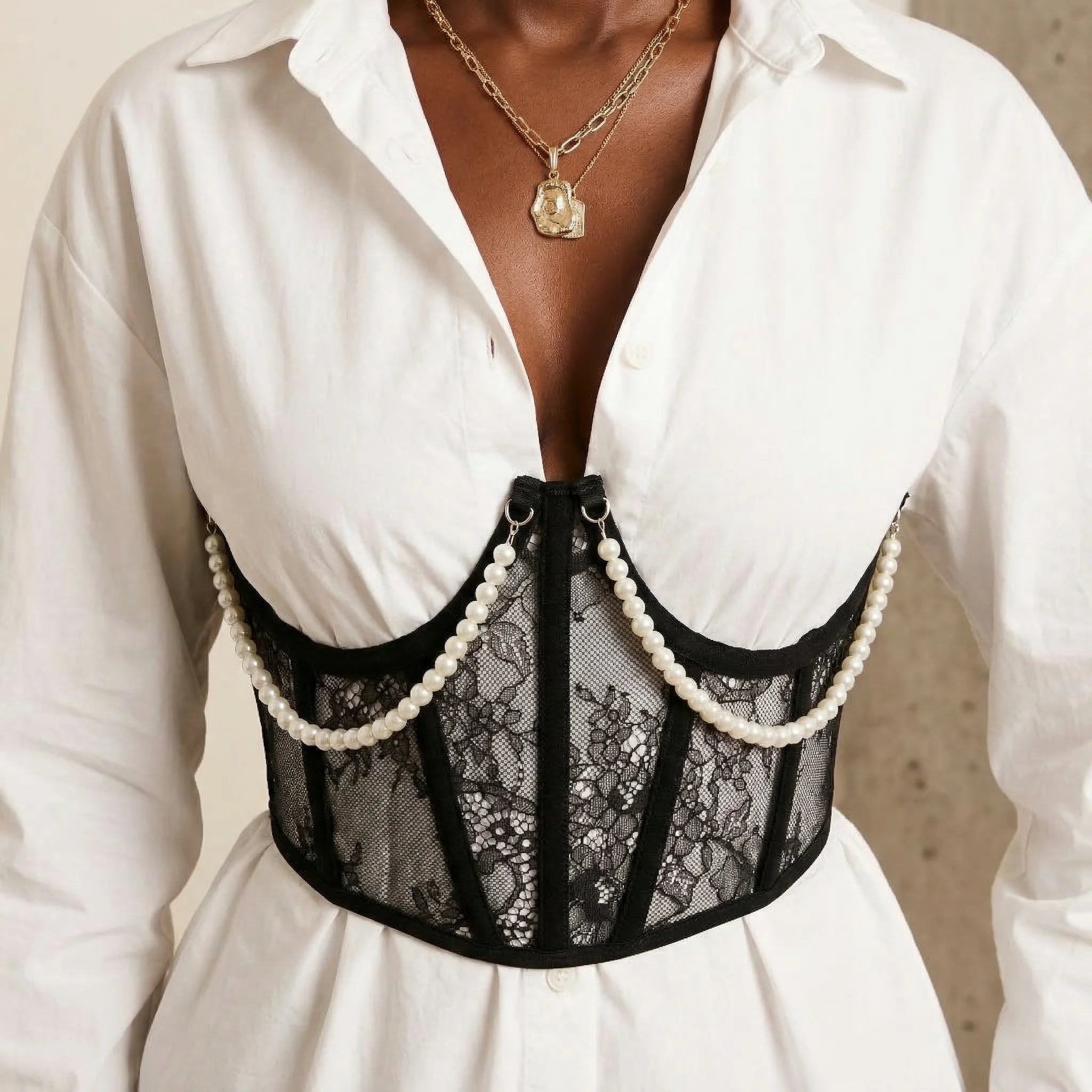 Ceinture Corset Dentelle et Perles - Vue face (curvy)
