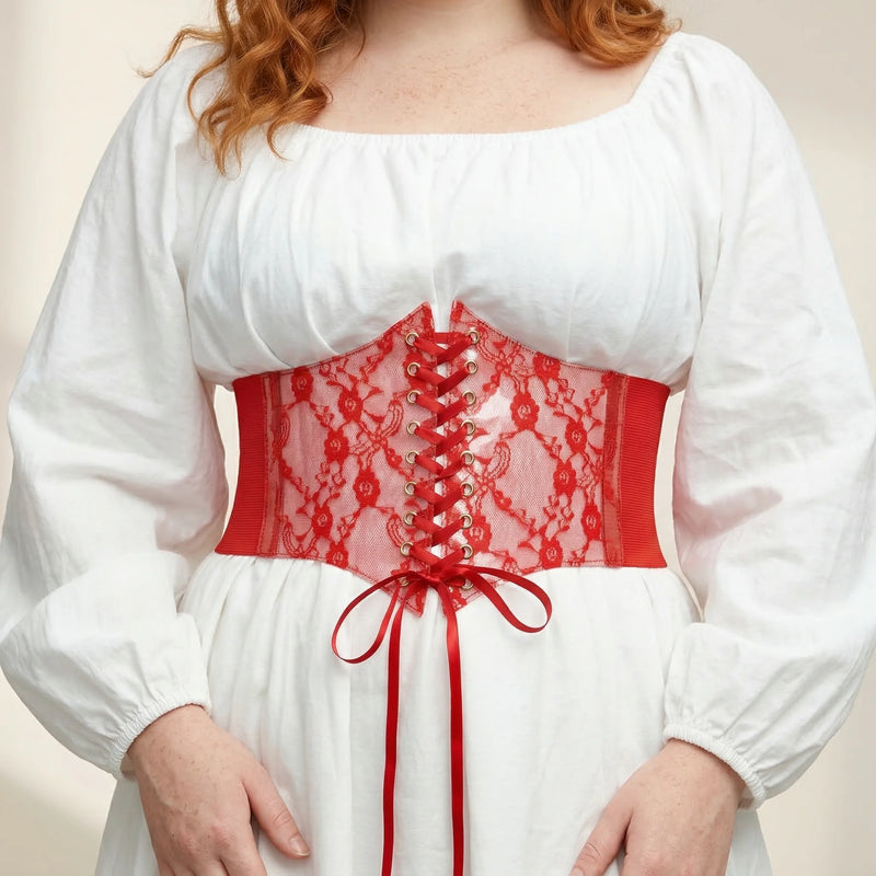 Ceinture Corset Dentelle Rouge - Vue face (plus-size)