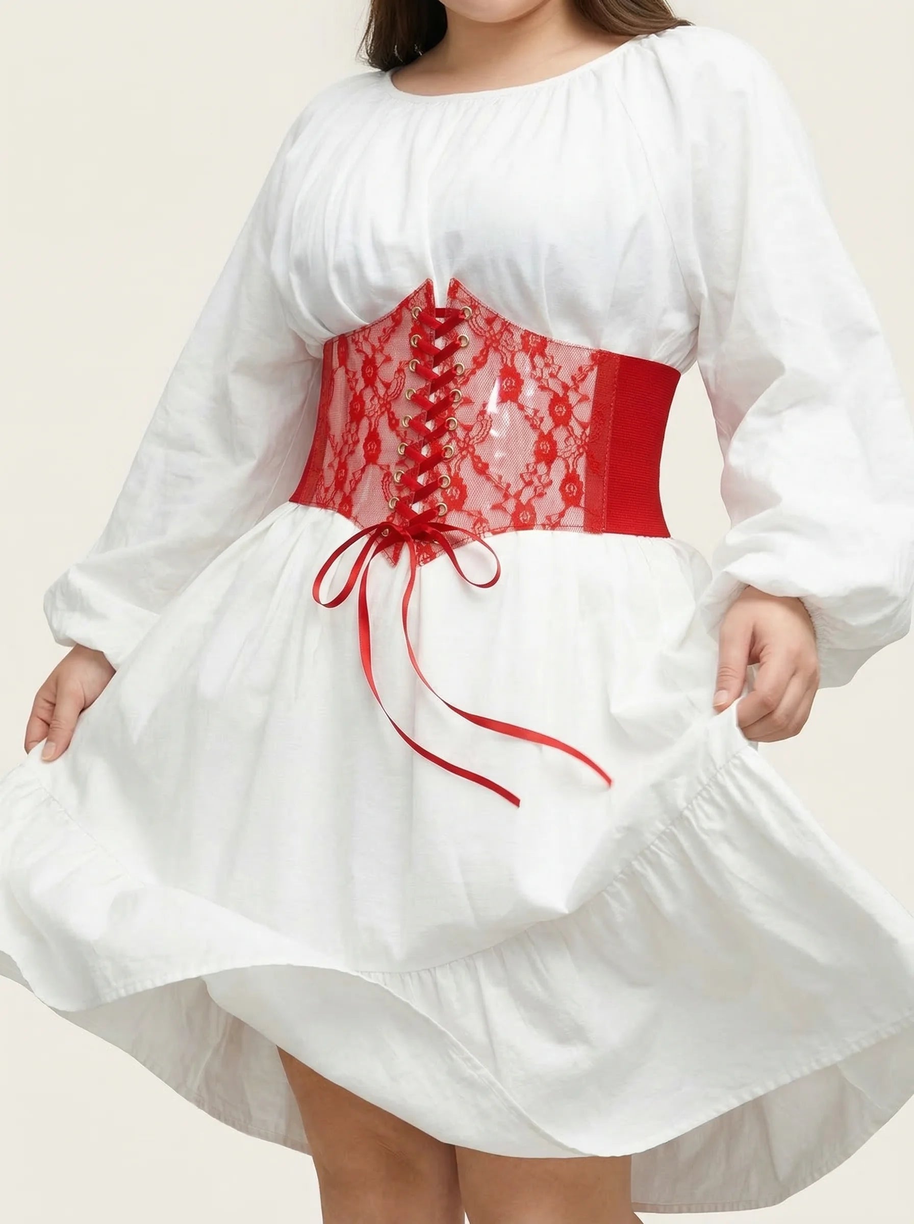 Ceinture Corset Dentelle Rouge - Vue mouvement (plus-size)