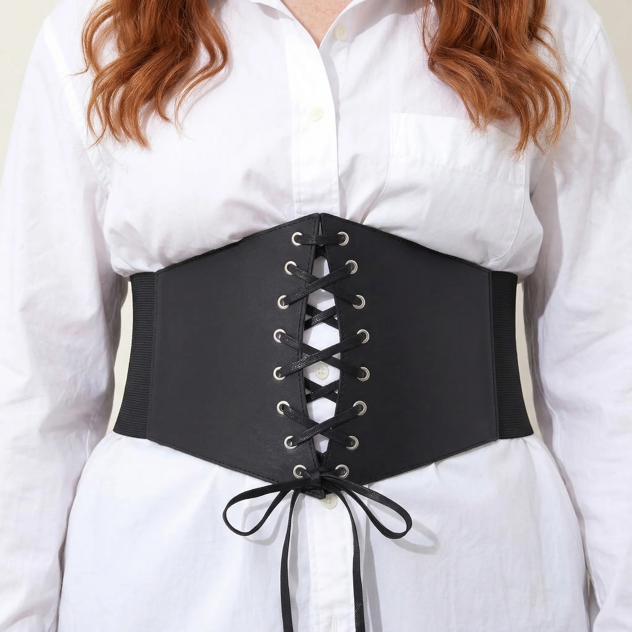 Ceinture Corset Simili Cuir Noir - Vue face (plus-size)