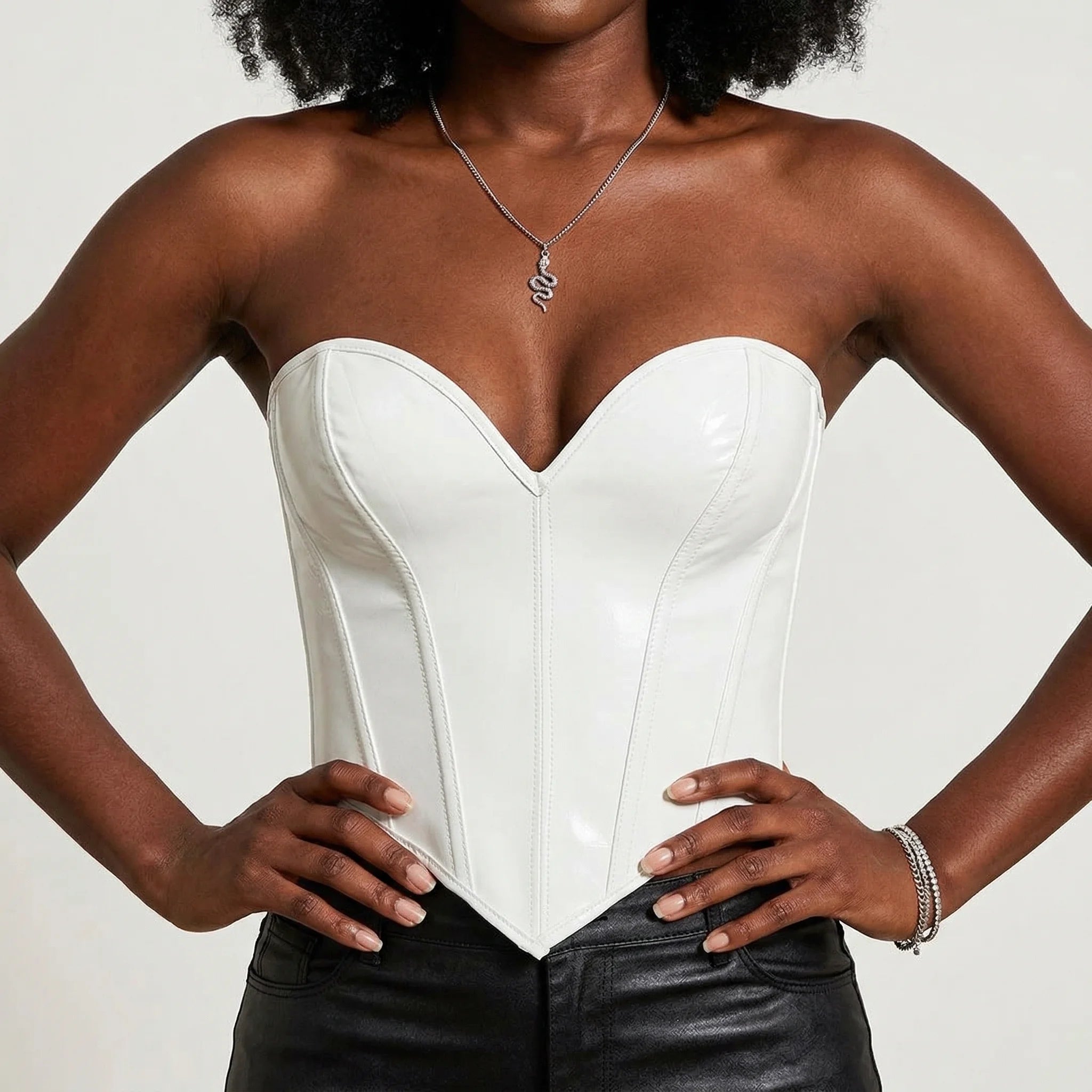 Corset Blanc Simili Cuir - Vue face (curvy)