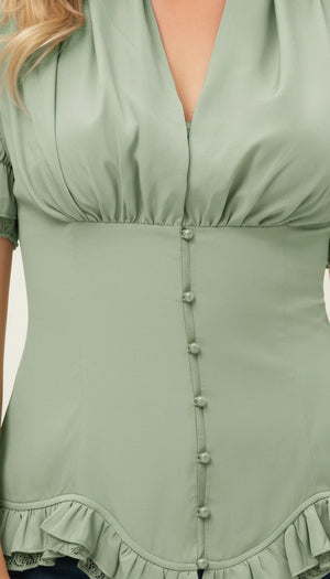 Corset Blouse Manches Bouffantes Vert Sauge - Vue face