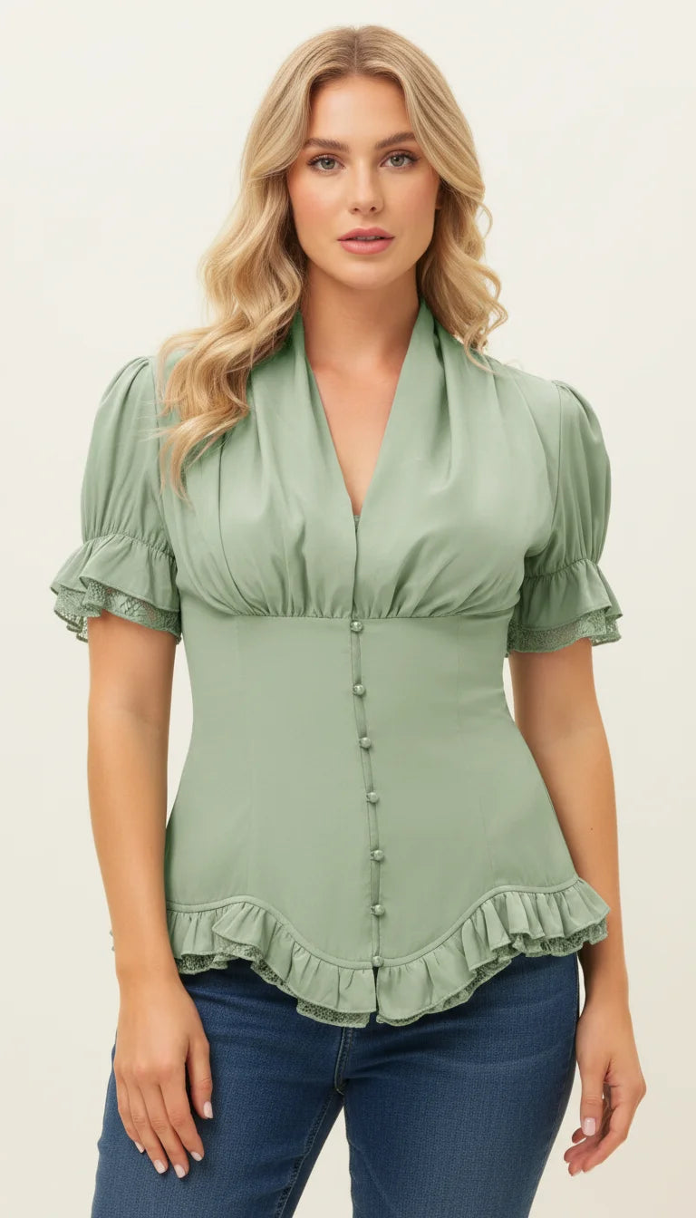 Corset Blouse Manches Bouffantes Vert Sauge - Vue principale