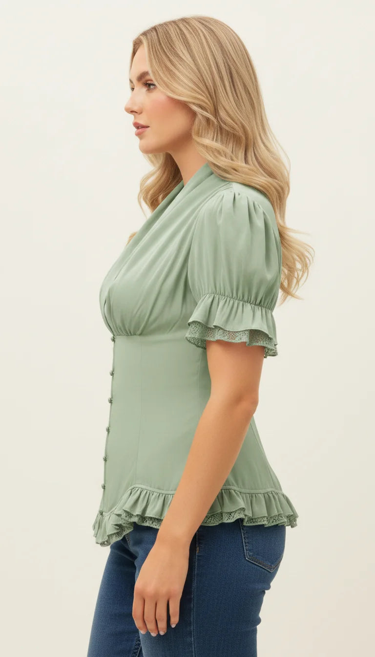 Corset Blouse Manches Bouffantes Vert Sauge - Vue profil