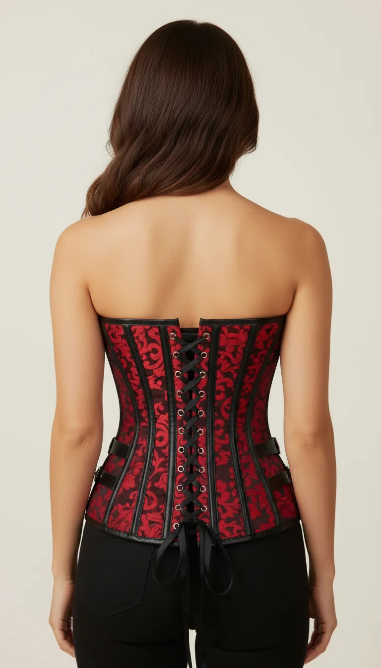 Corset Bustier Brocart Rouge Gothique - Vue dos