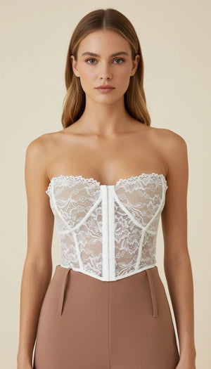 Corset Bustier Dentelle Fleurie Blanche - Vue principale