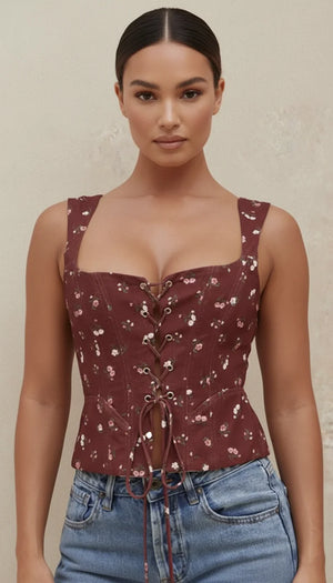 Corset Bustier Fleuri Bordeaux