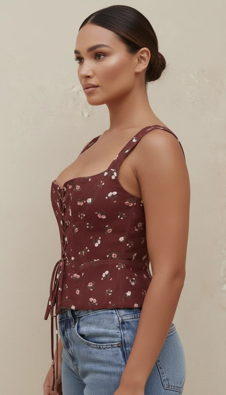 Corset Bustier Fleuri Bordeaux - Vue profil