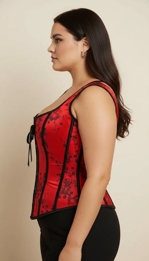 Corset Bustier Fleuri Rouge - Vue profil