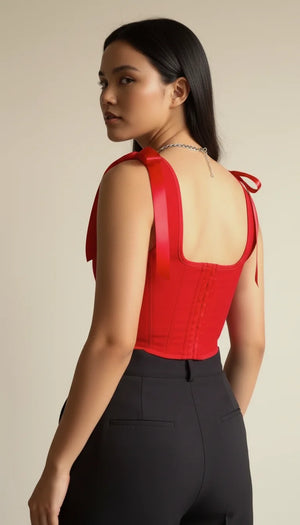 Corset Bustier Rouge Bretelles Ruban - Vue dos