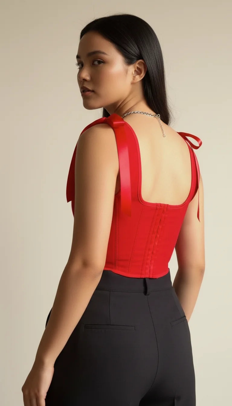 Corset Bustier Rouge Bretelles Ruban - Vue dos