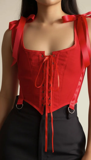 Corset Bustier Rouge Bretelles Ruban - Vue face