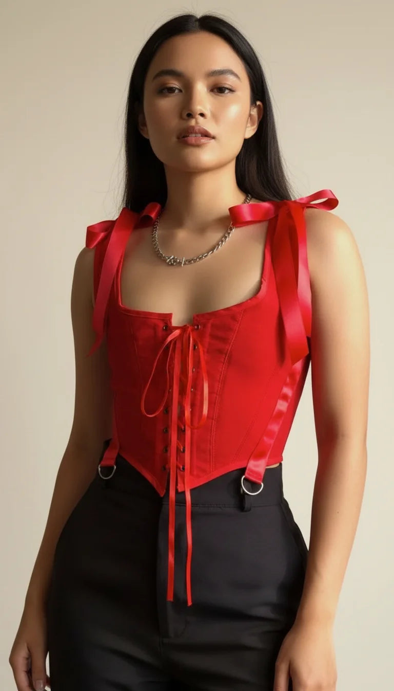 Corset Bustier Rouge Bretelles Ruban