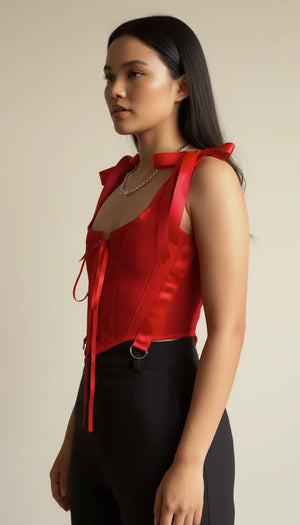 Corset Bustier Rouge Bretelles Ruban - Vue profil