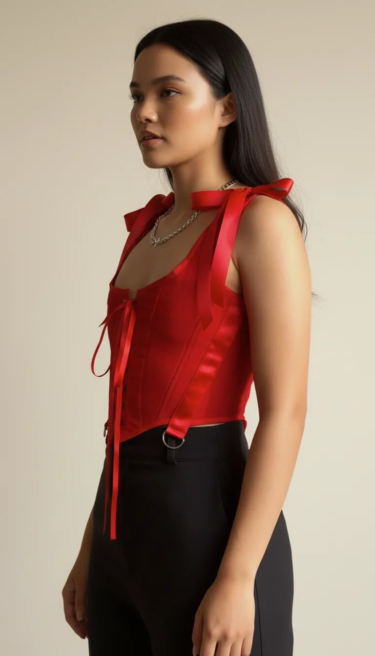Corset Bustier Rouge Bretelles Ruban - Vue profil