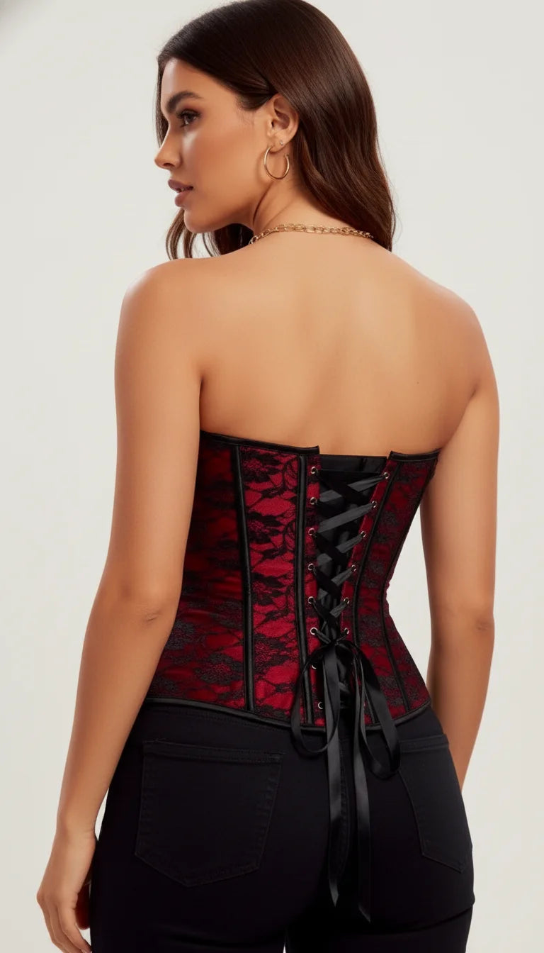 Corset Bustier Rouge Dentelle Fleurie - Vue dos