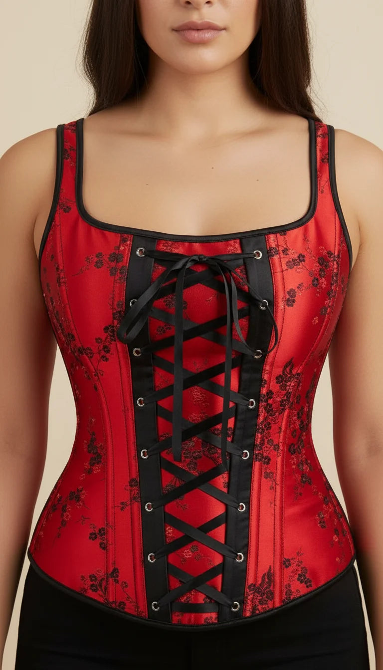 Corset Bustier Satin Rouge Fleuri - Vue face