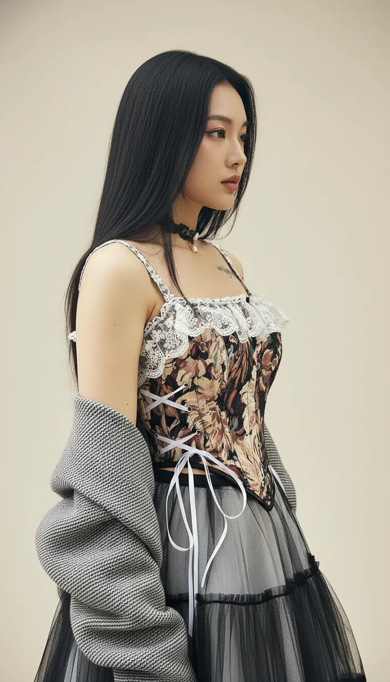 Corset Bustier Vintage Jacquard Floral - Vue profil
