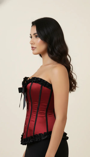 Corset Bustier Volants Satin Rouge - Vue profil