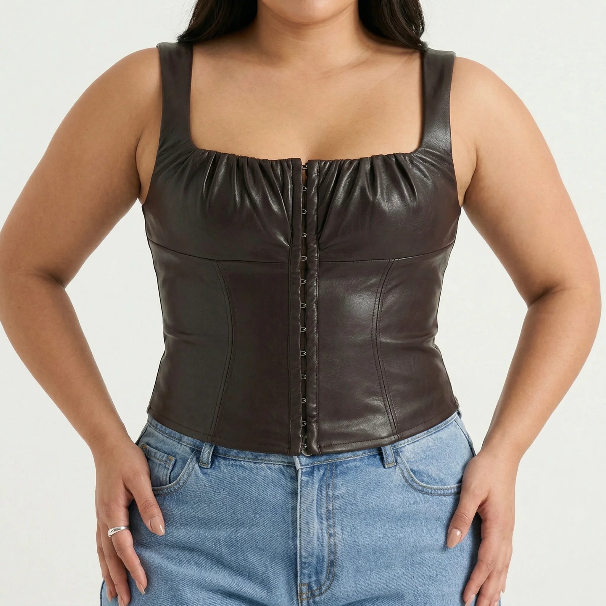Corset Cuir Marron - Vue face (plus-size)