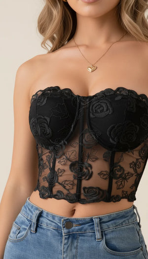 Corset Dentelle Fleurie Noire - Vue face