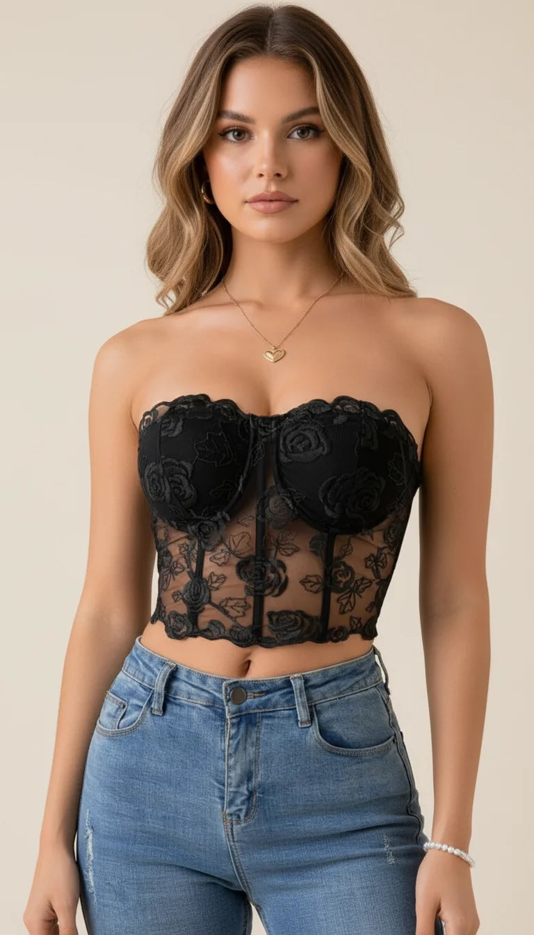 Corset Dentelle Fleurie Noire