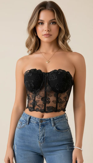 Corset Dentelle Fleurie Noire - Vue principale