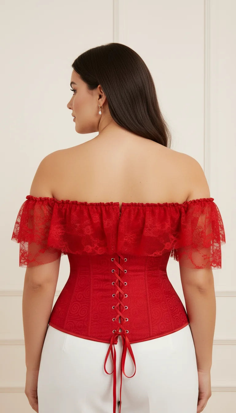 Corset Dentelle Rouge Épaules Dénudées - Vue dos