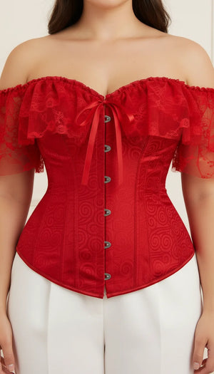Corset Dentelle Rouge Épaules Dénudées - Vue face