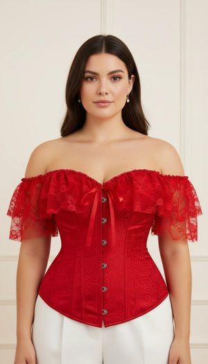 Corset Dentelle Rouge Épaules Dénudées