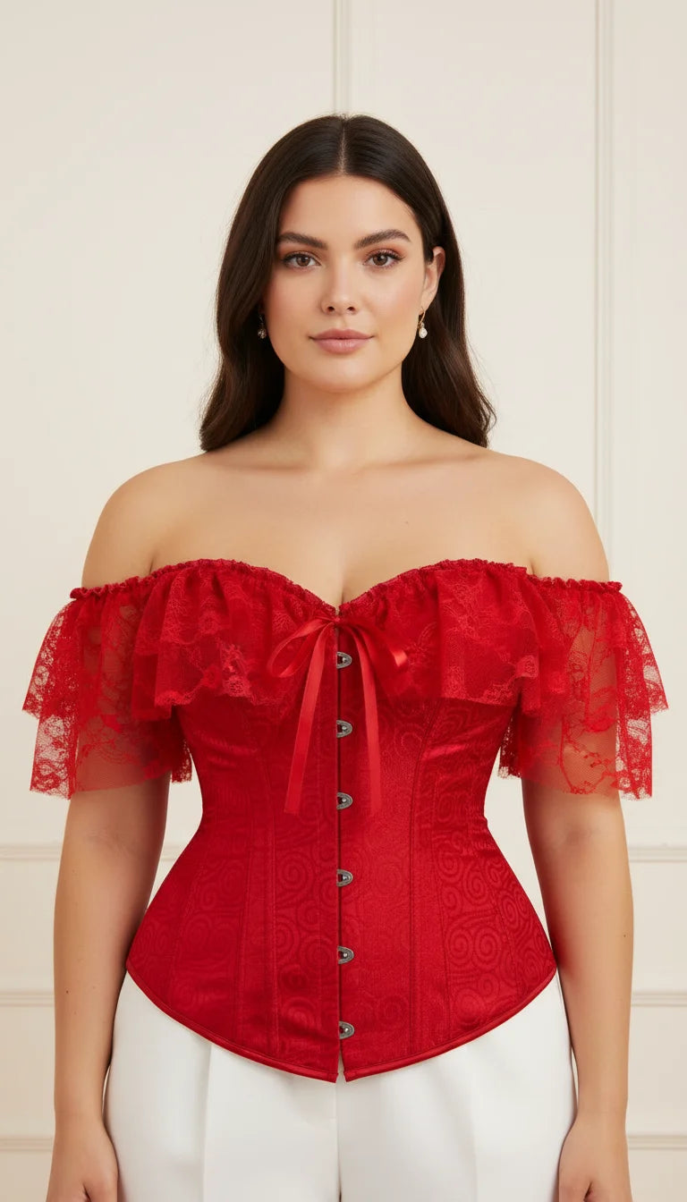 Corset Dentelle Rouge Épaules Dénudées