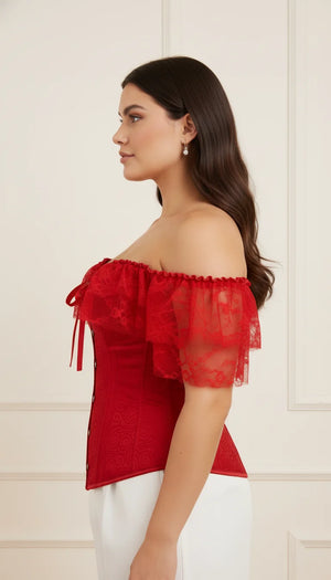 Corset Dentelle Rouge Épaules Dénudées - Vue profil