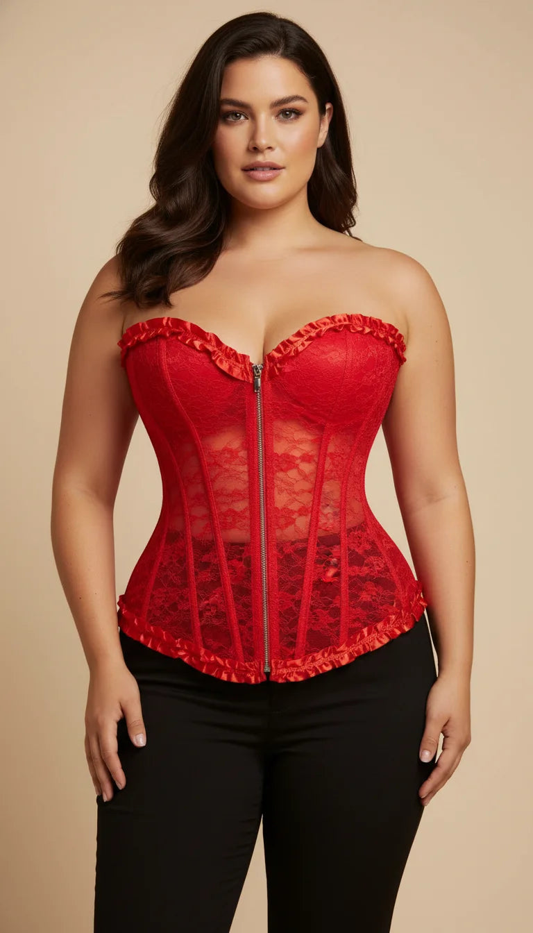 Corset Dentelle Rouge Volants