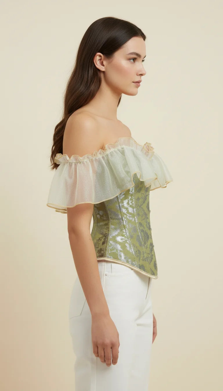 Corset Épaules Dénudées Jacquard Vert Céladon - Vue face